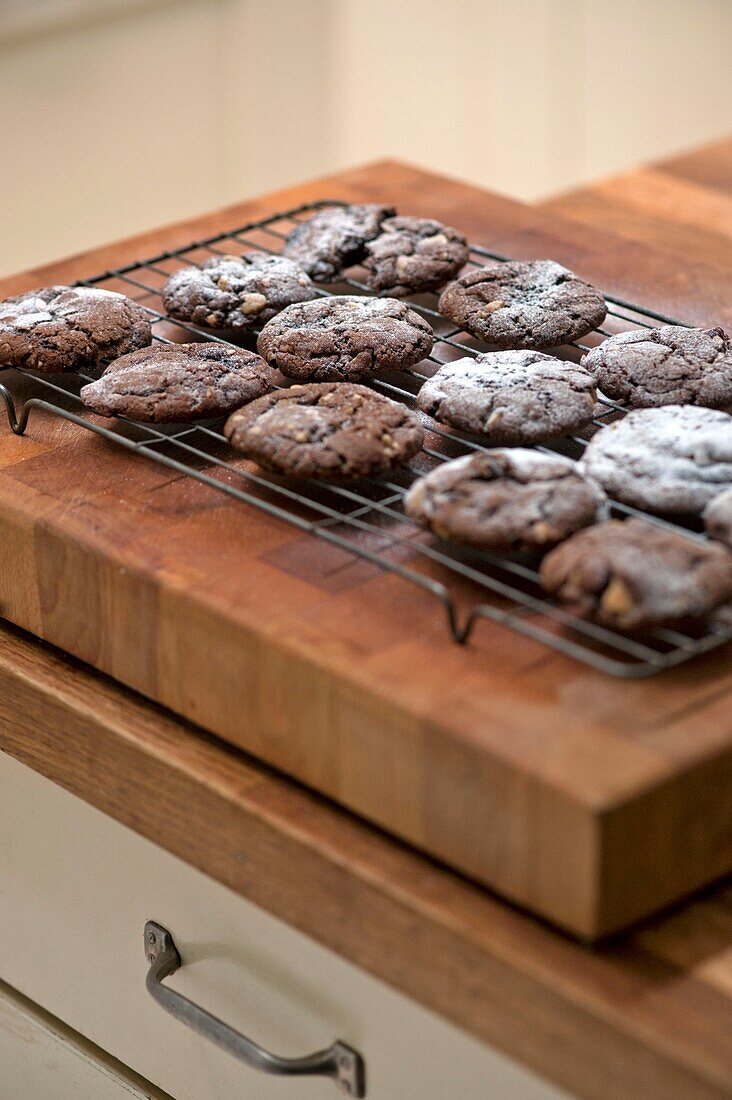 Chocolate biscuits on cooling tray in Penzance family home kitchen Cornwall England UK