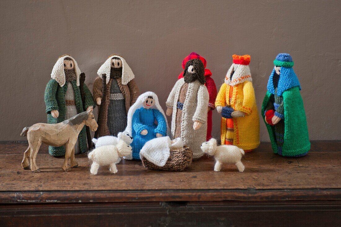 Knitted woollen Nativity scene in Penzance family home Cornwall England UK