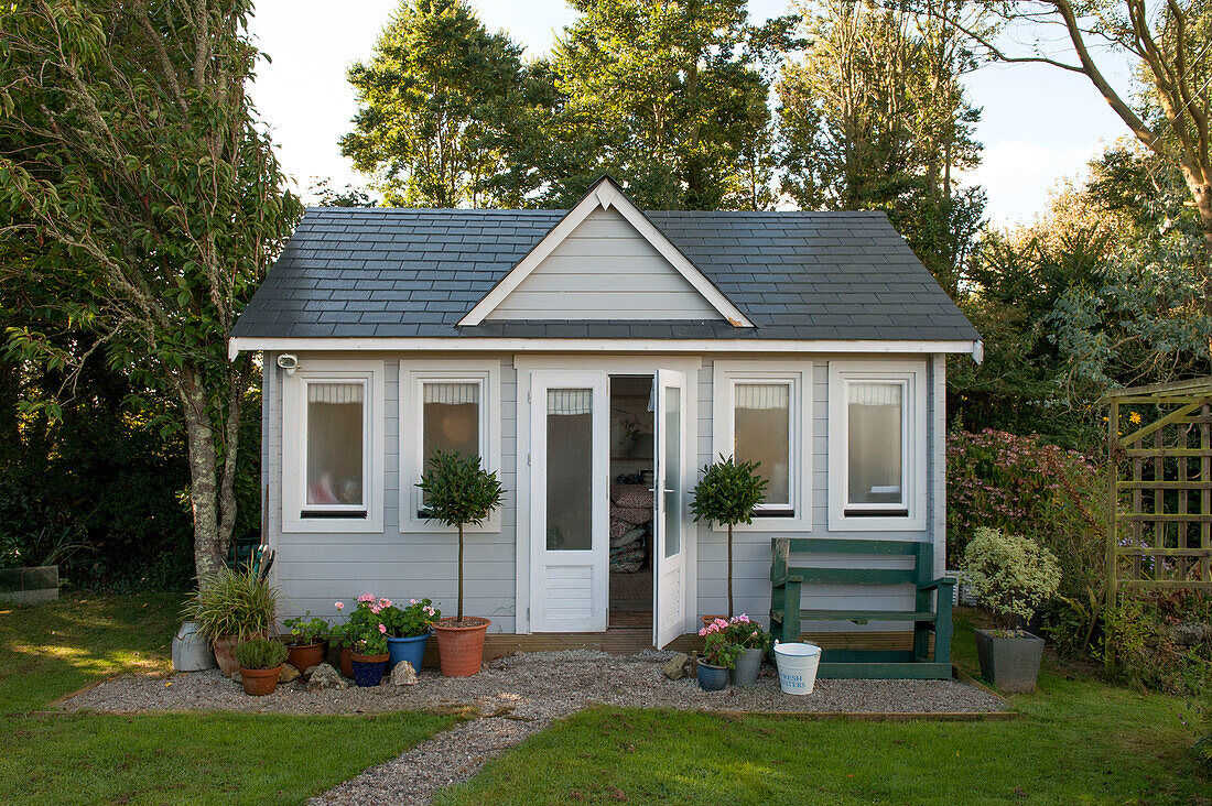 Summerhouse in Penzance garden Cornwall England UK