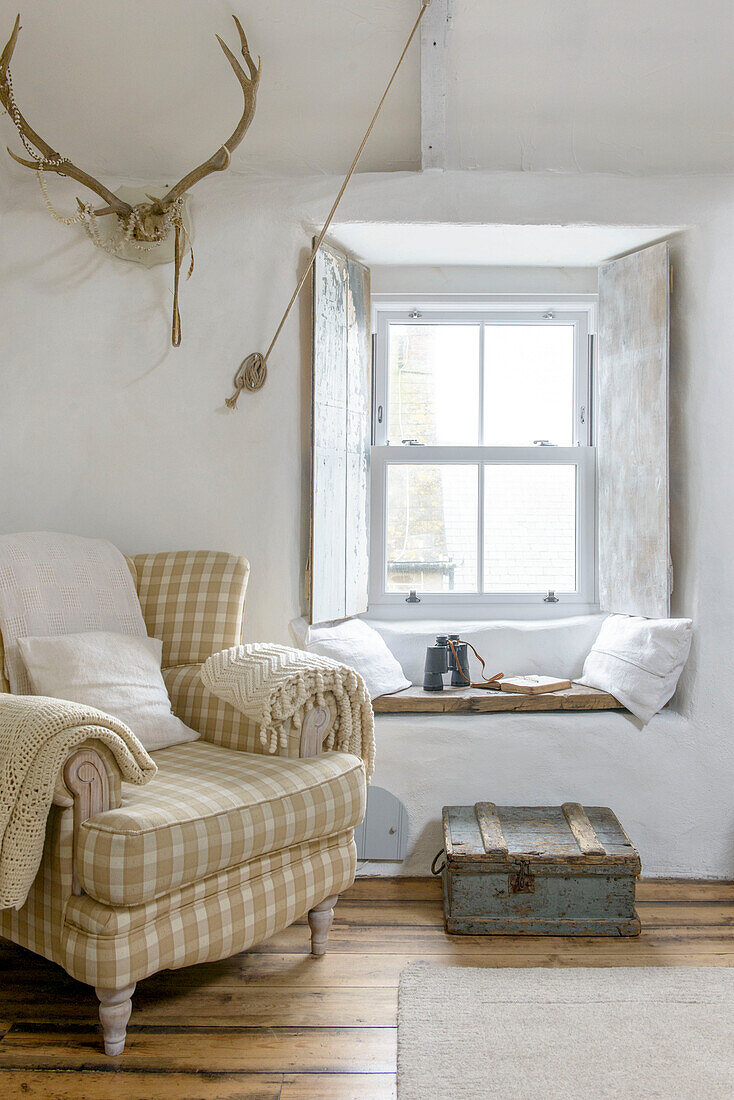 Checked armchair at window seat with antlers in Marazion beach house Cornwall UK