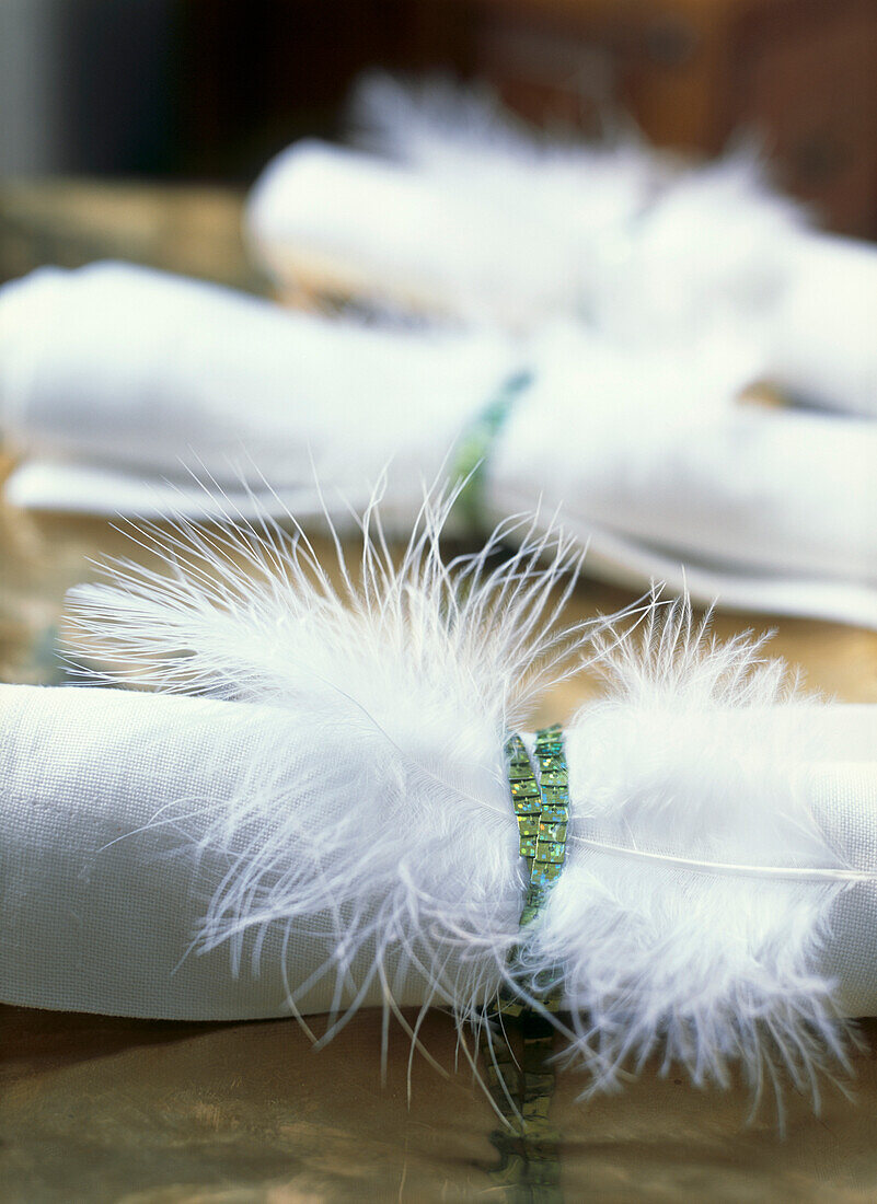 Weiße Servietten mit Federn auf einem gedeckten Tisch für eine Dinnerparty