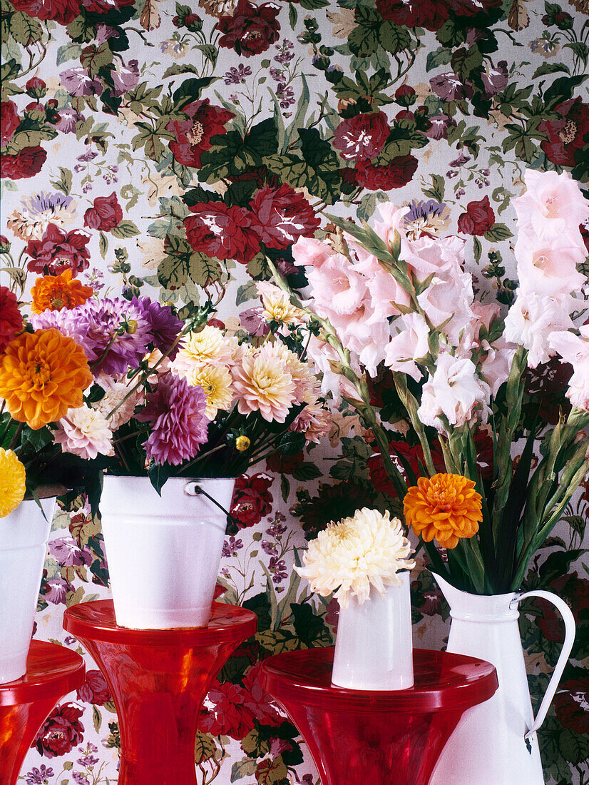 Dahlien in weißen Kübeln auf Pflanzenständer mit Blumentapete