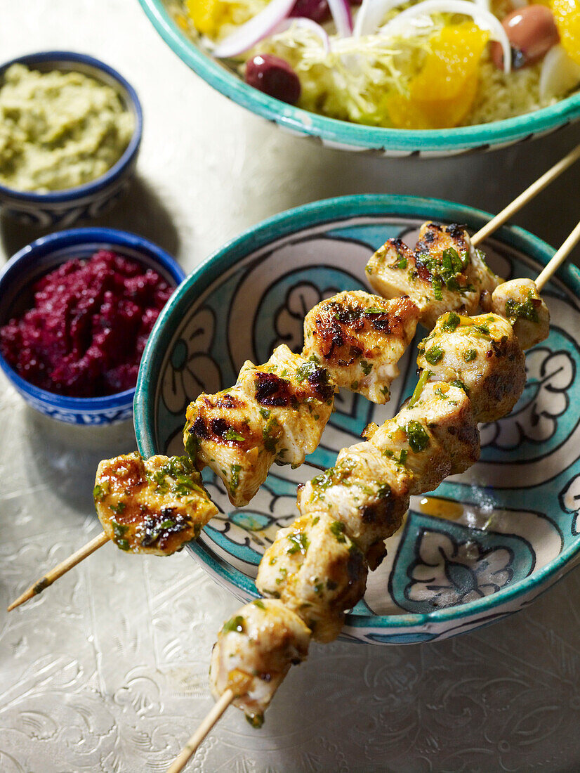 Chicken kebabs and side dishes Morocco North Africa