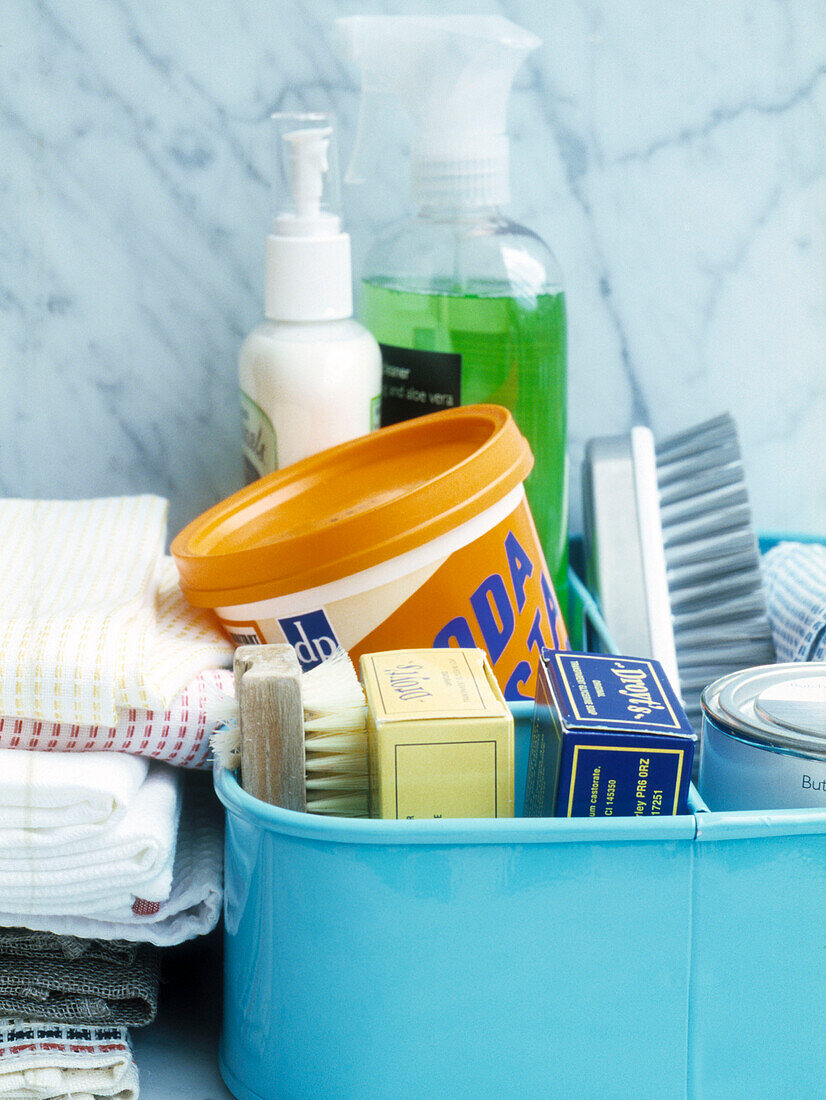 Cleaning products in storage box