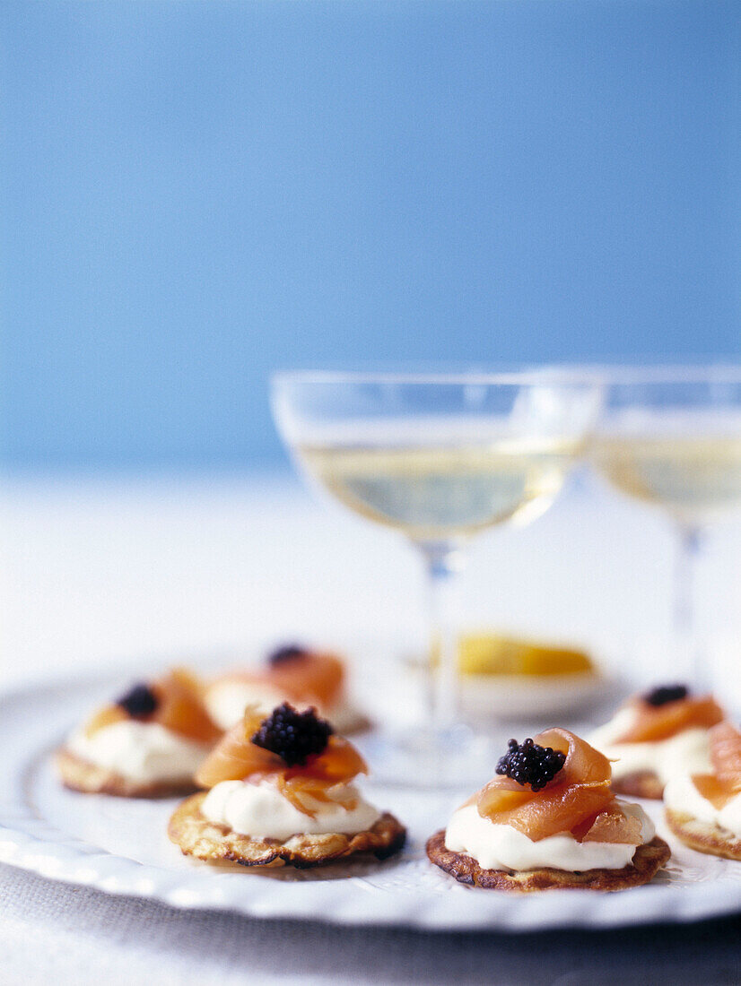 Caviar canapes and champagne
