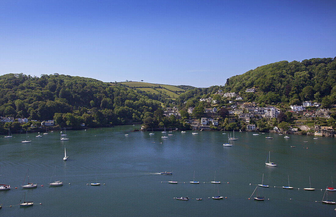 Elevated view of the river Dart with sailing boats moored, Dartmouth, Devon, UK