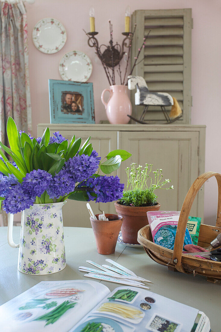 Purple cut flowers with gardening trug on kitchen table in High Halden farmhouse Kent England UK
