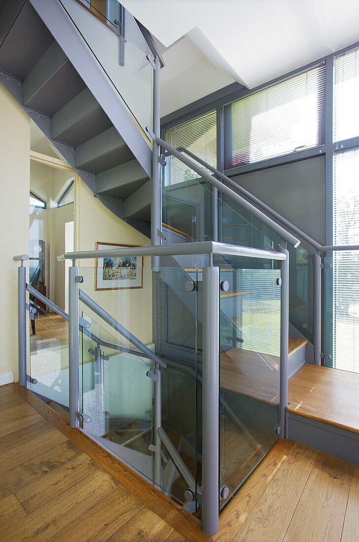 Grey metal staircase in Rolvenden water tower conversion Cranbrook Kent England UK