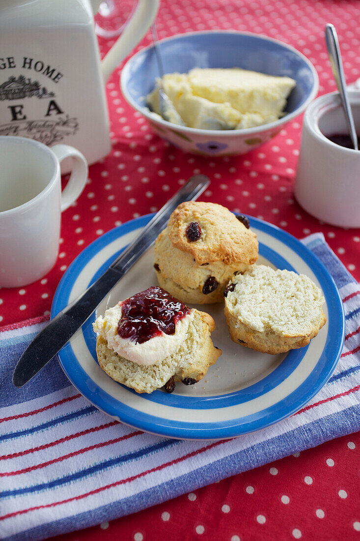 Scones with jam on spotted tablecloth on the Picnic Boat Dartmouth Devon England UK