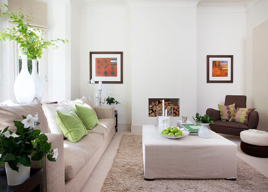 Sunlit living room with leaf arrangement in Wandsworth home London England UK