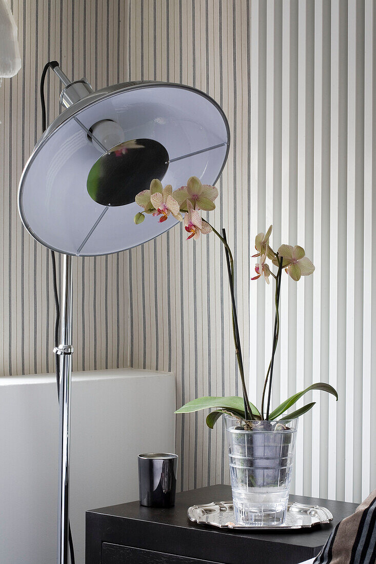 Metalllampe und Orchidee am Nachttisch in einem Londoner Haus, UK