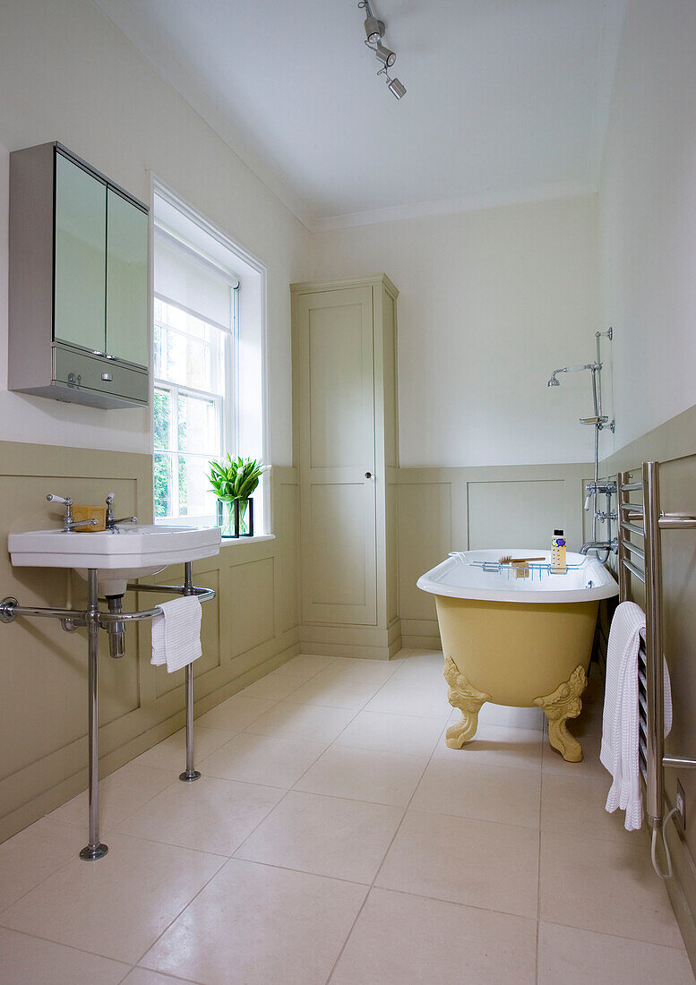 Freistehende Badewanne und Waschtisch mit Spiegelschrank in einem Haus in Sussex UK