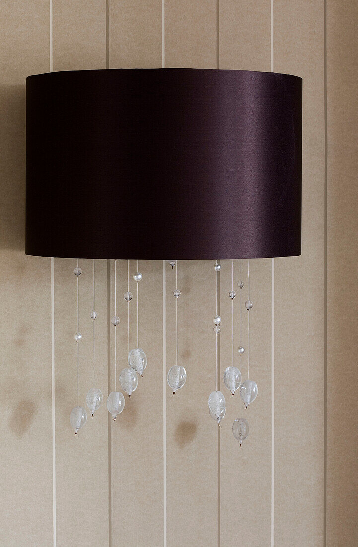 Glass droplets hanging below purple lampshade