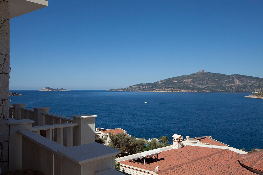 View of Mediterranean sea from balcony of holiday villa, Republic of Turkey