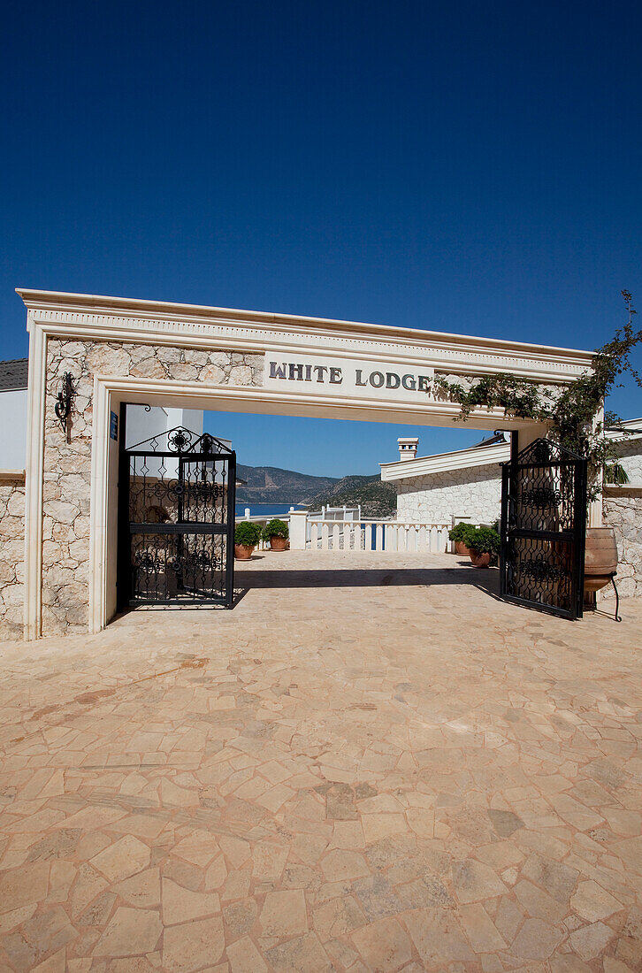 Metal gates at entrance to luxury holiday villa, Republic of Turkey