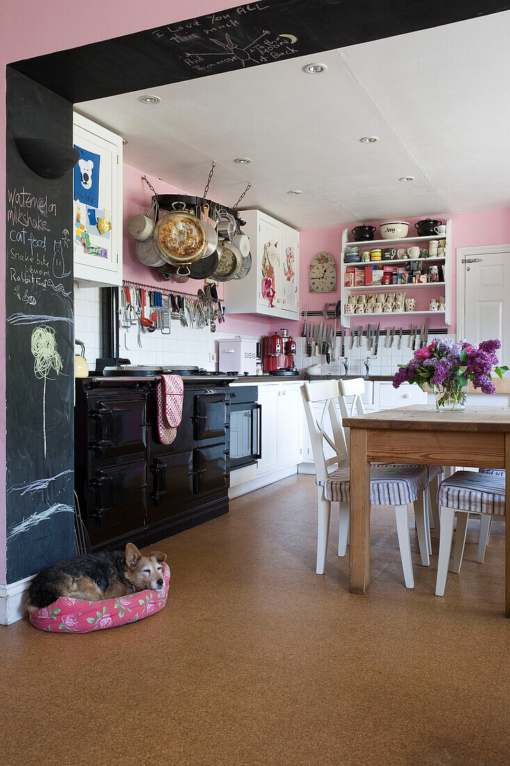 Schlafender Hund in rosa Küche in Suffolk mit Kreidetafel und Herd UK
