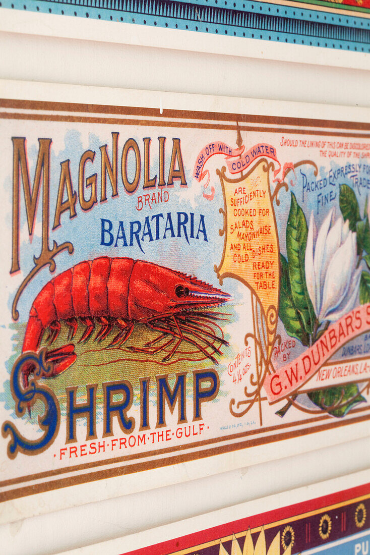 Old fashioned seafood poster advertising fresh shrimp in London townhouse, England, UK