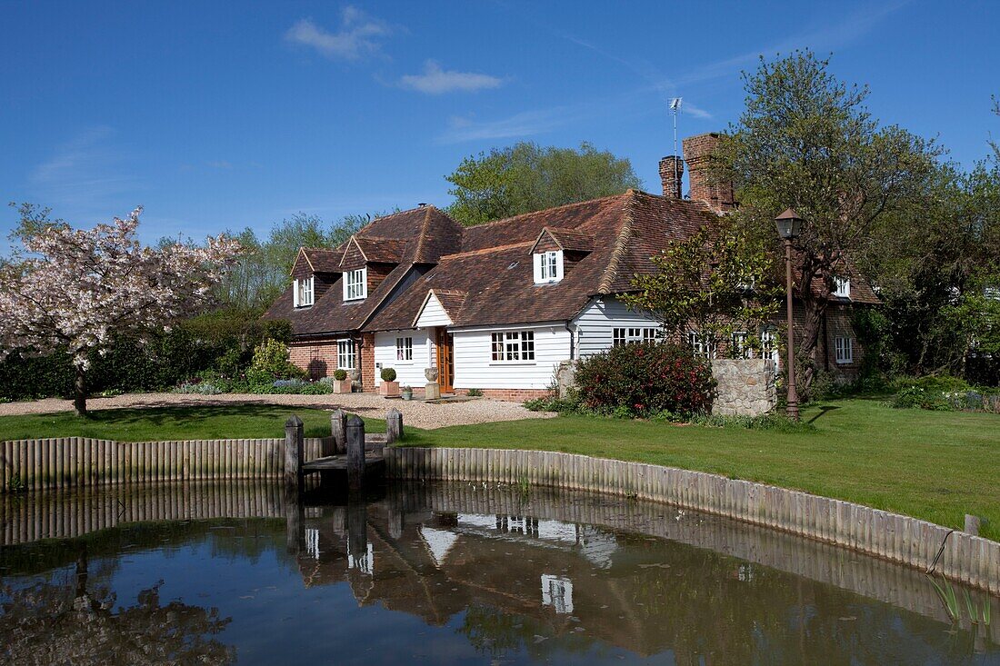 Cottage in Kent mit eingezäuntem Teich und Kirschblüte, England, UK
