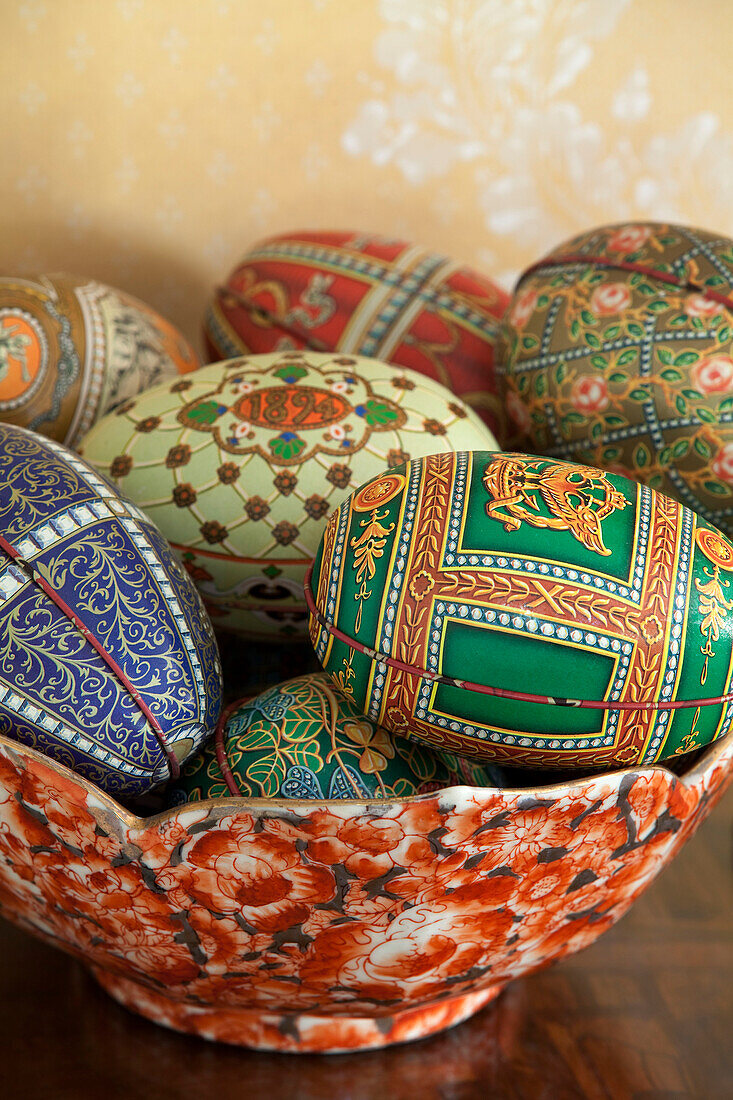 Decorative ornamental eggs in china bowl, Sussex farmhouse, England, UK