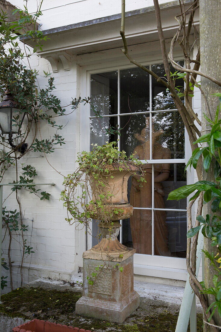 Historischer Steinsockel mit Pflanzendetail am Schiebefenster eines Landhauses in Sussex England UK