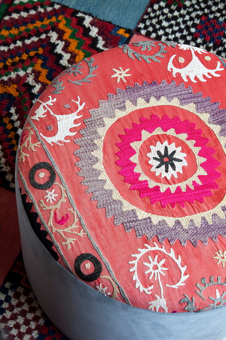 Applique pouf in London home, England, UK