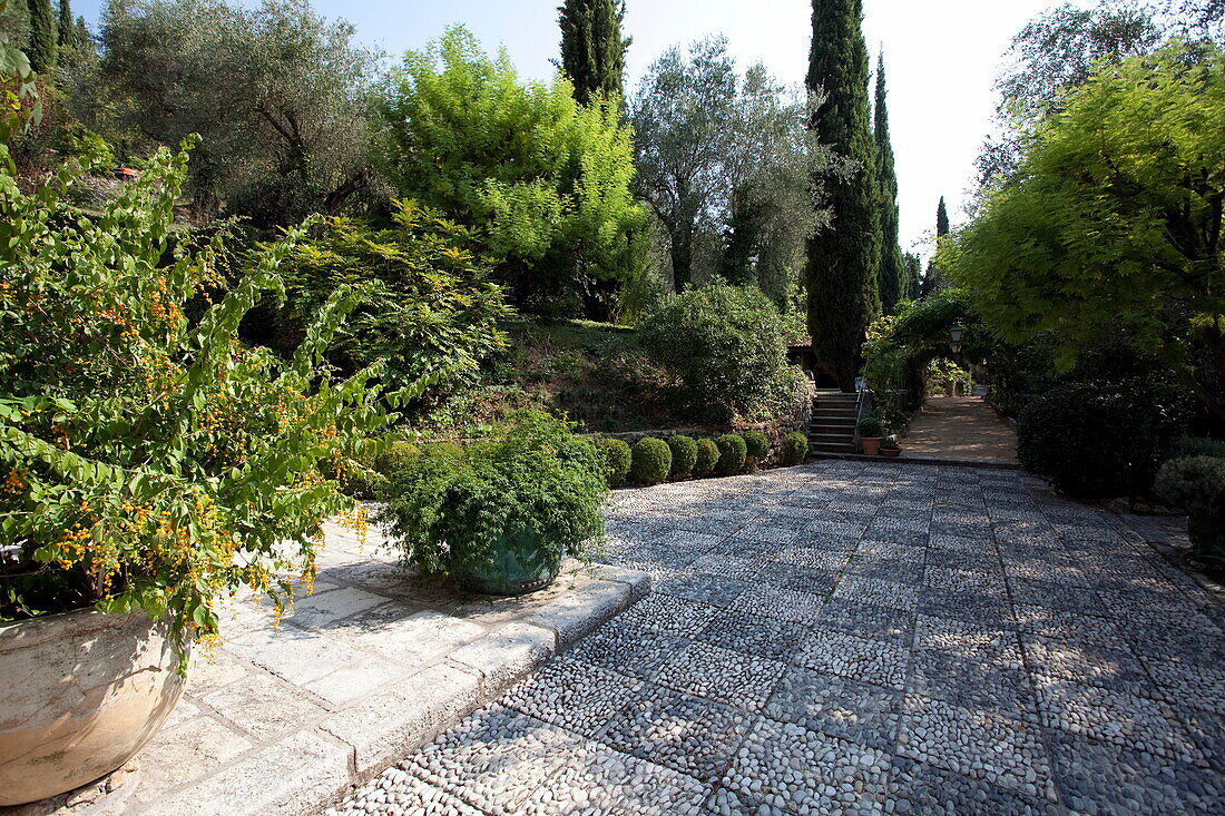 Cobbled patio terrace in grounds of French holiday villa
