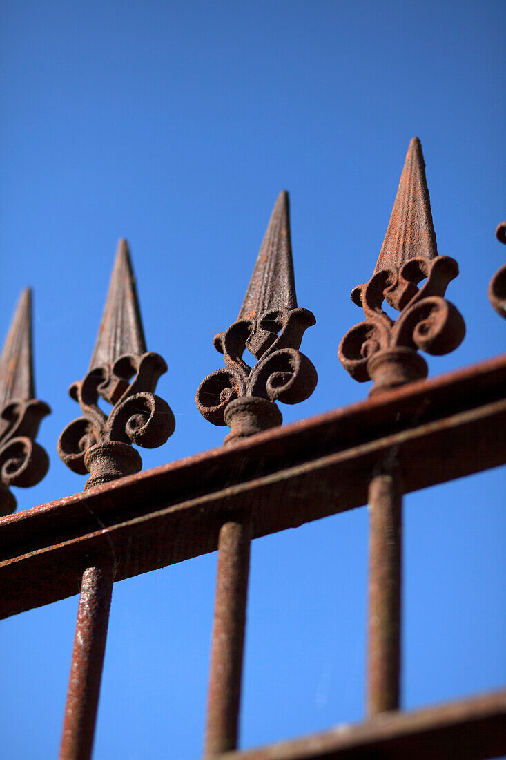Wrought iron metal railings and blue sky in the Loire, France