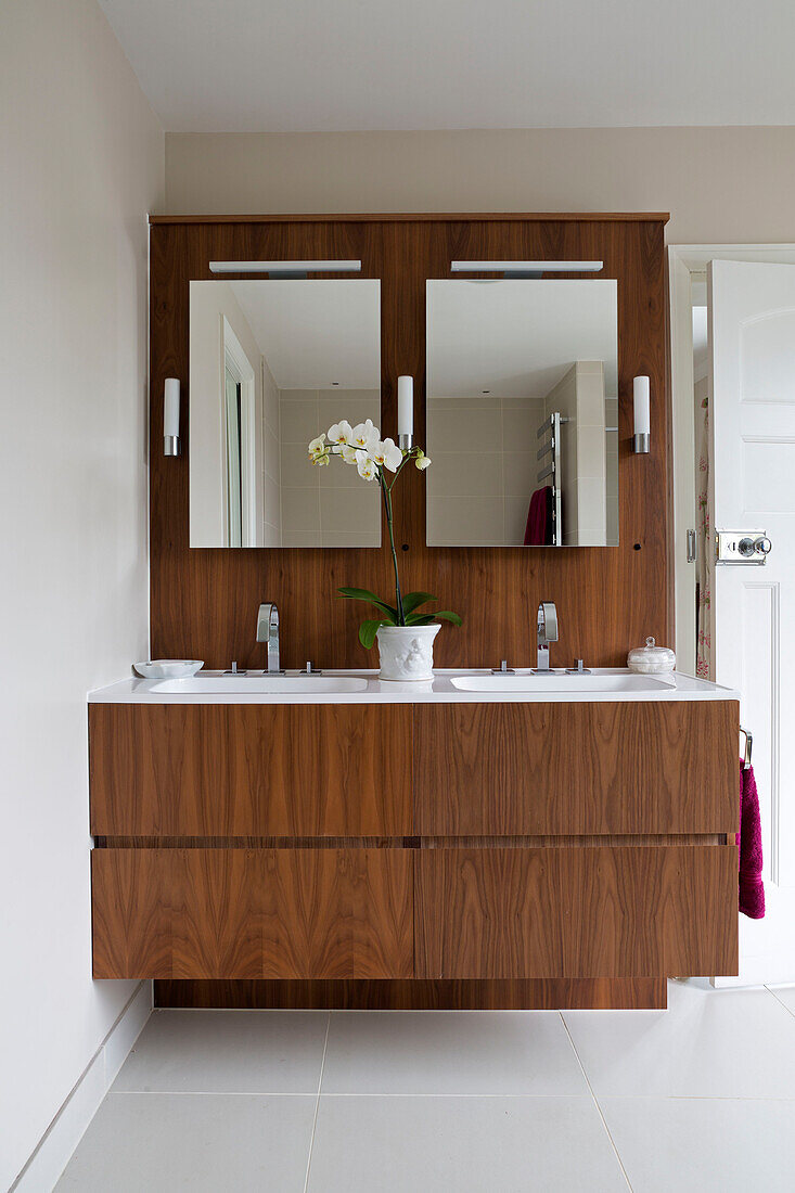 Double washbasins with mirrors in wooden wash stand   UK home