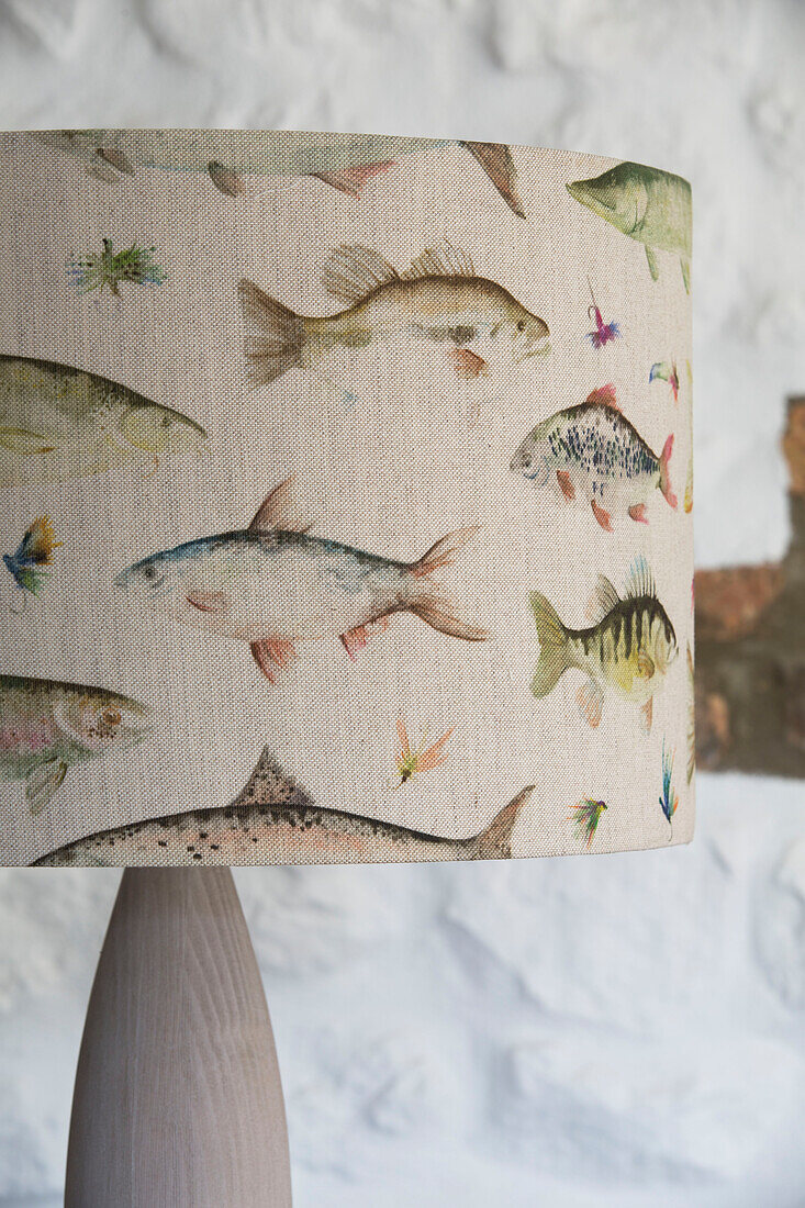 Fish patterned fabric lampshade in London home,  England,  UK