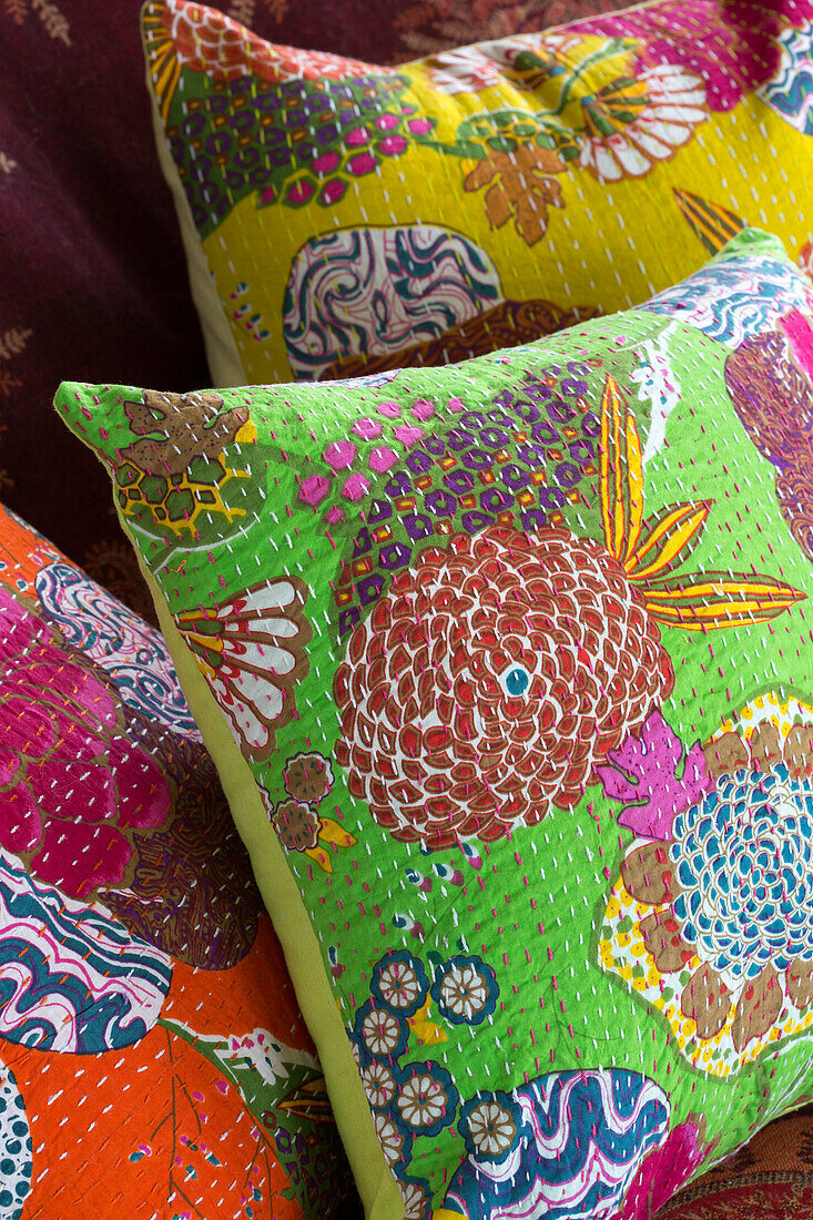 Colourful bright cushions in Ithaca villa Greece