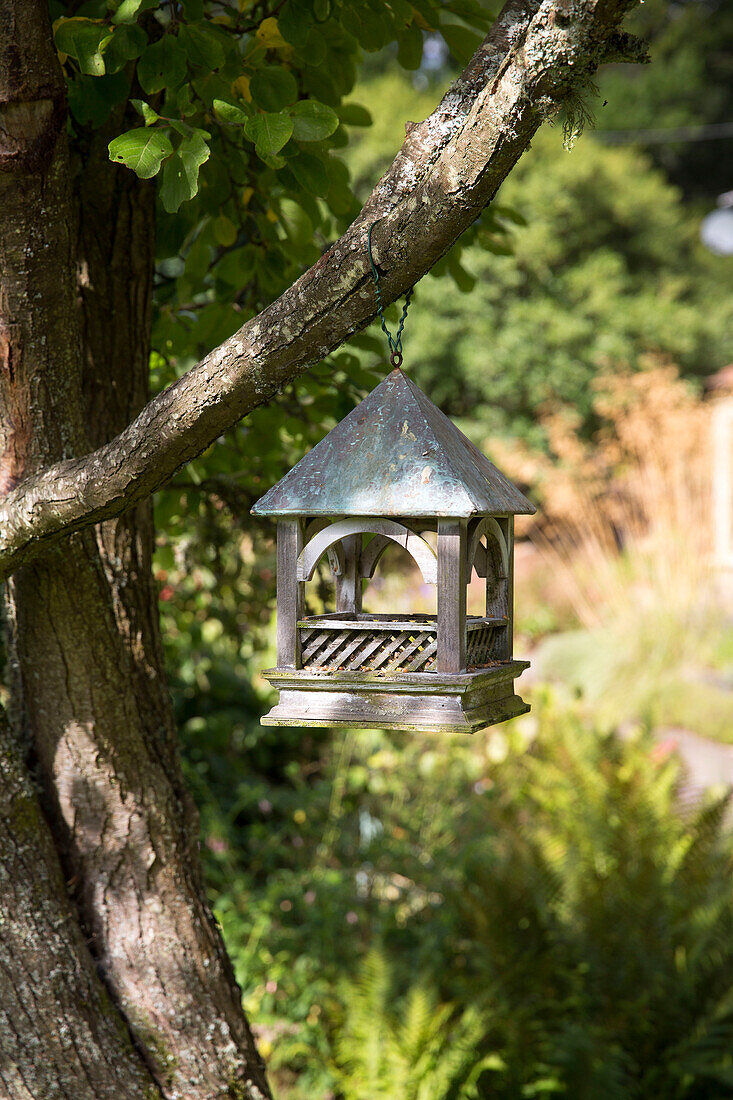 Hölzerner Vogelkäfig hängt an einem Baum im Garten eines Landhauses in Somerset aus dem 19