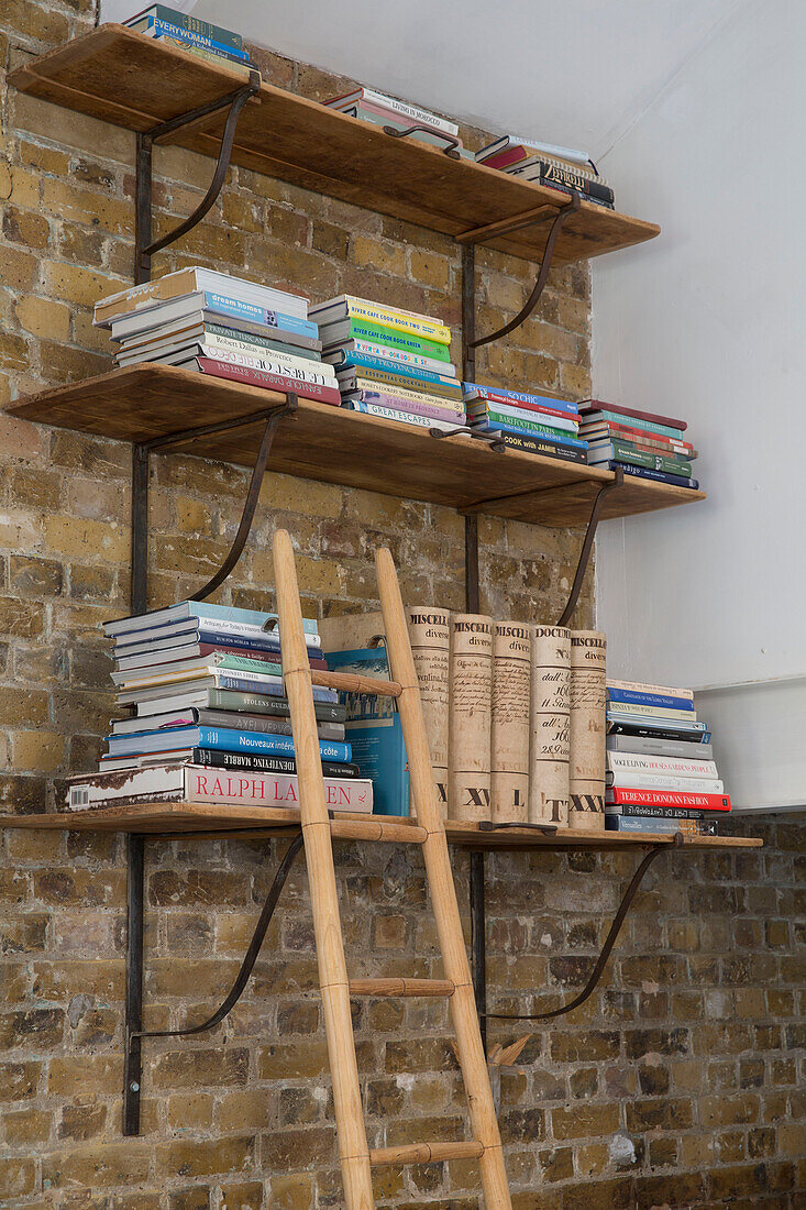 Wandregale und Bücher mit Leiter an einer freiliegenden Ziegelwand in einem umgebauten Schulhaus in Südlondon UK
