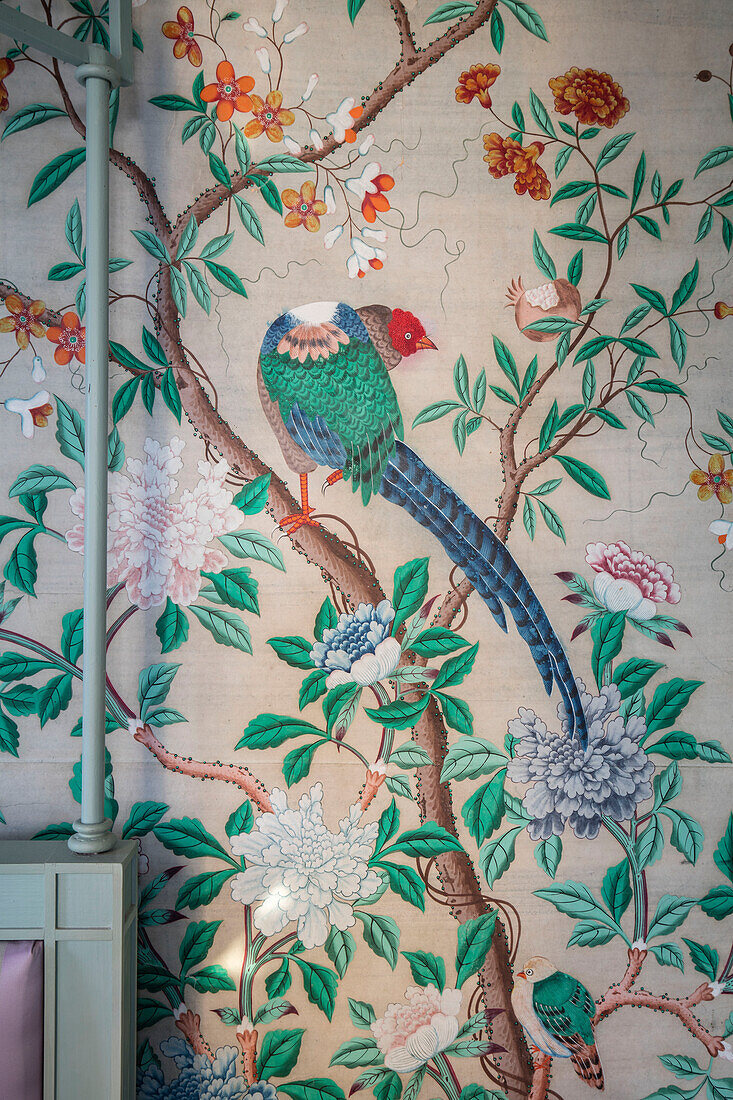 Antique Chinese silk wallpaper detail in Georgian home Hertfordshire England UK