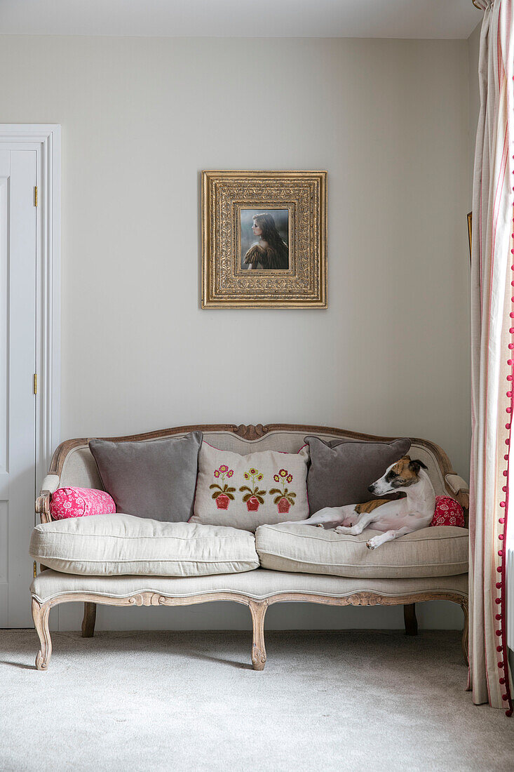 Hund auf Sofa mit goldgerahmtem Kunstwerk in einem Haus in Sussex, Großbritannien