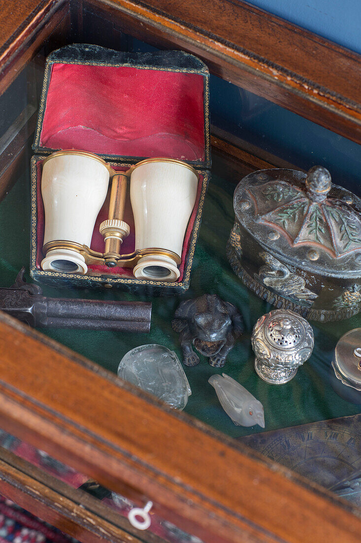 Antike Ferngläser und Ornamente in einer Vitrine in Sussex