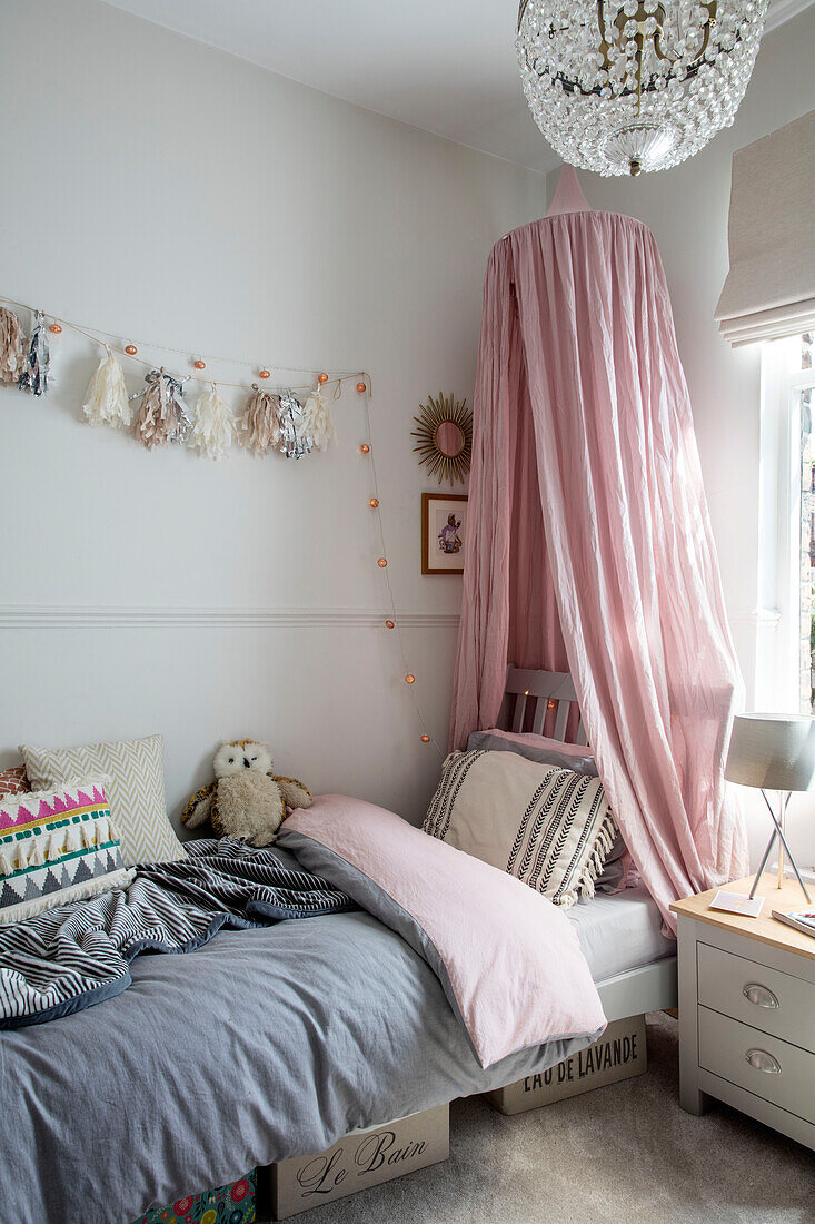 Girl's room with reversible bedding in grey/pink Victorian terraced house Manchester UK