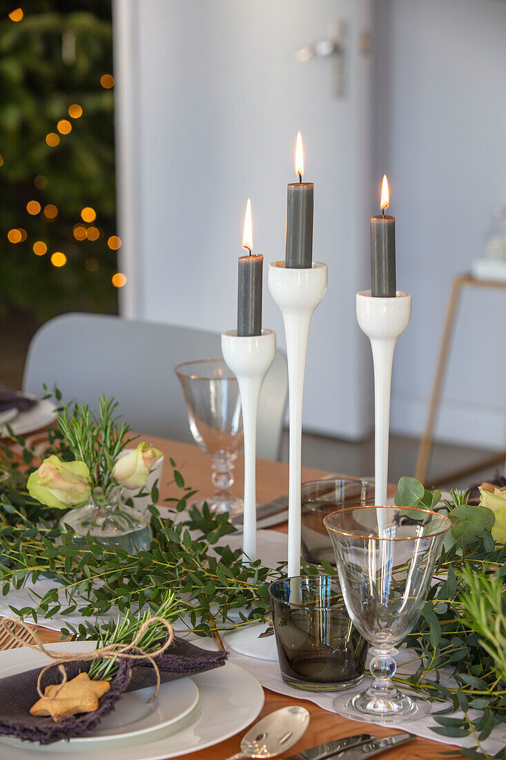 Grey candles and personalised place setting in West Sussex dining table UK
