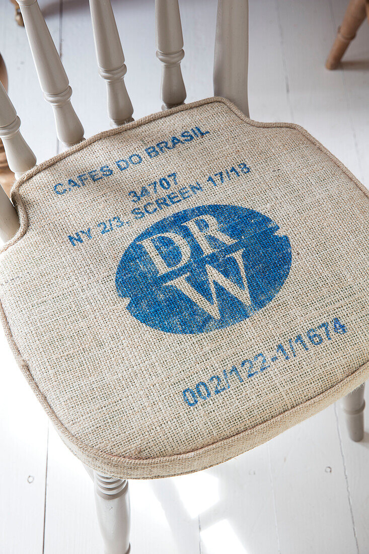 Seat cushion covered in old coffee sack Derbyshire UK