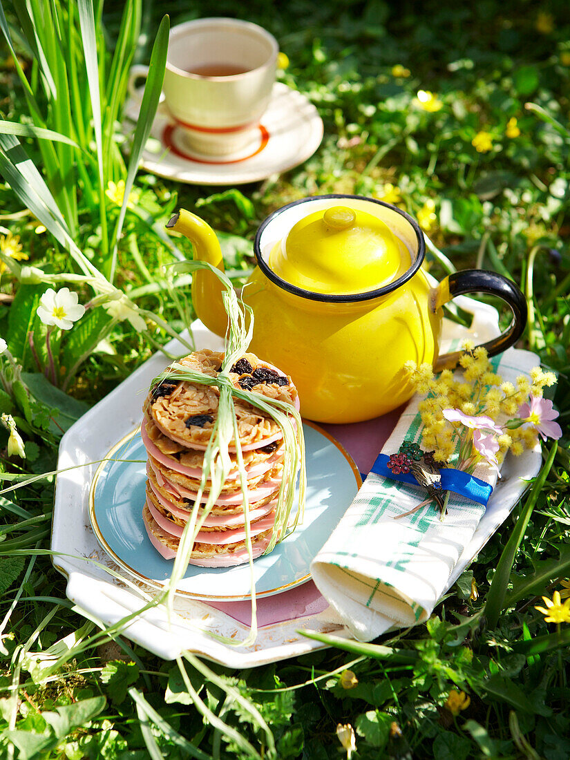 Yellow teapot with florentine biscuits on tray in Isle of Wight garden UK