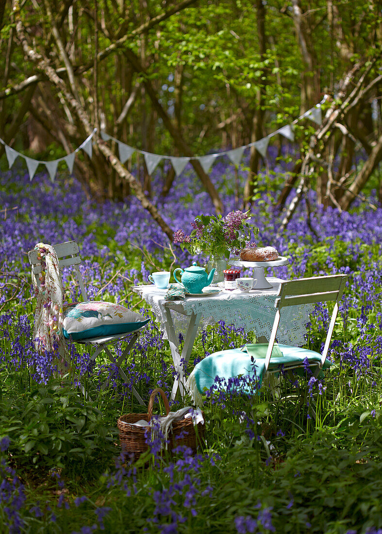 Tisch und Stühle für ein Picknick mit Wimpel in einem Blaubeerwald
