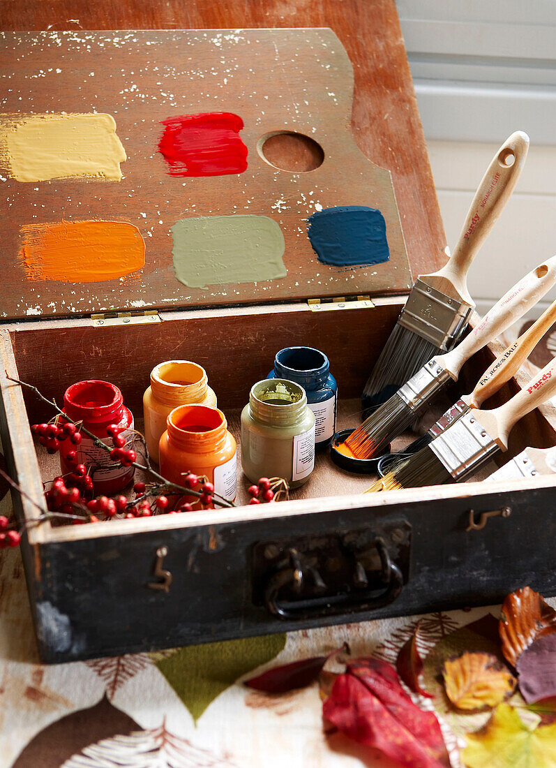 Paint brushes and paint pots with sample colours in vintage suitcase Isle of Wight, UK