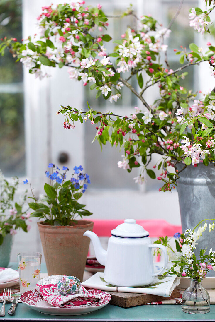 Gedeckter Ostertisch im Gewächshaus mit Frühlingsblumen und Blumen