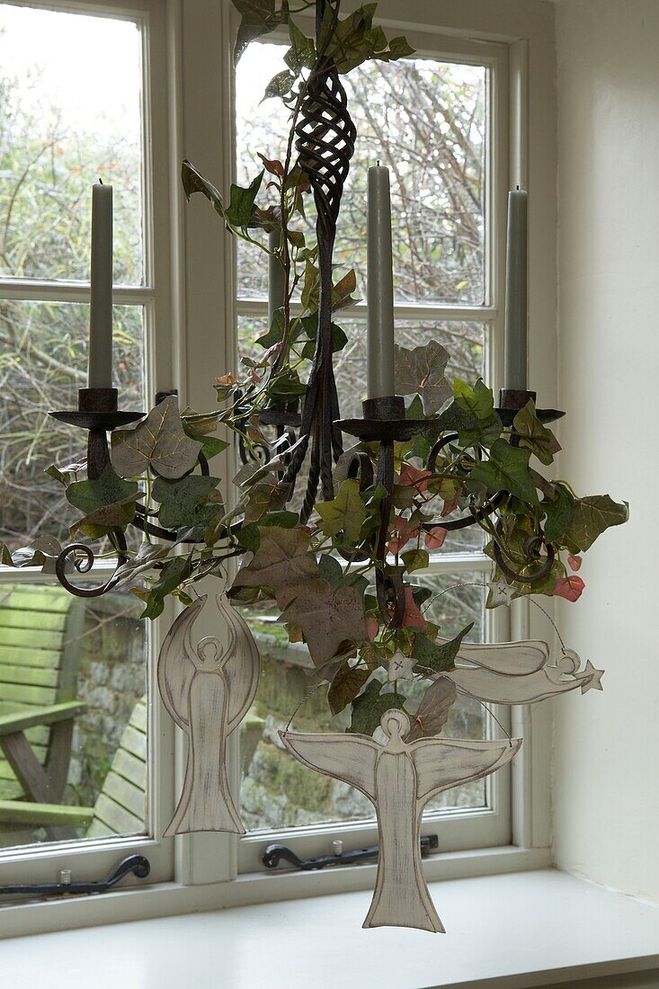 Decorated candelabra in window