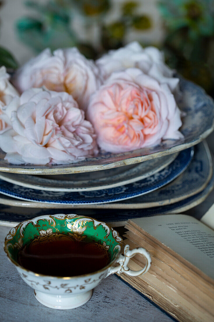 Rosen und alte Teetasse