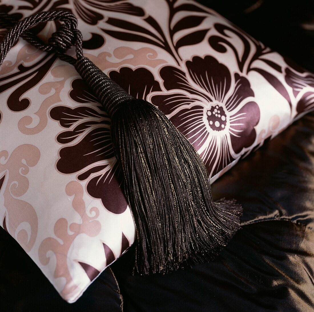 Brown tassel displayed on a patterned silky cushion