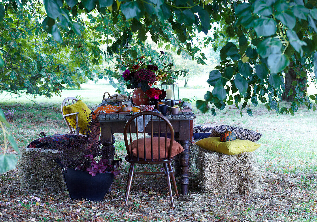 Gedeckter Tisch mit Strohballen als Hocker unter Baum im Garten