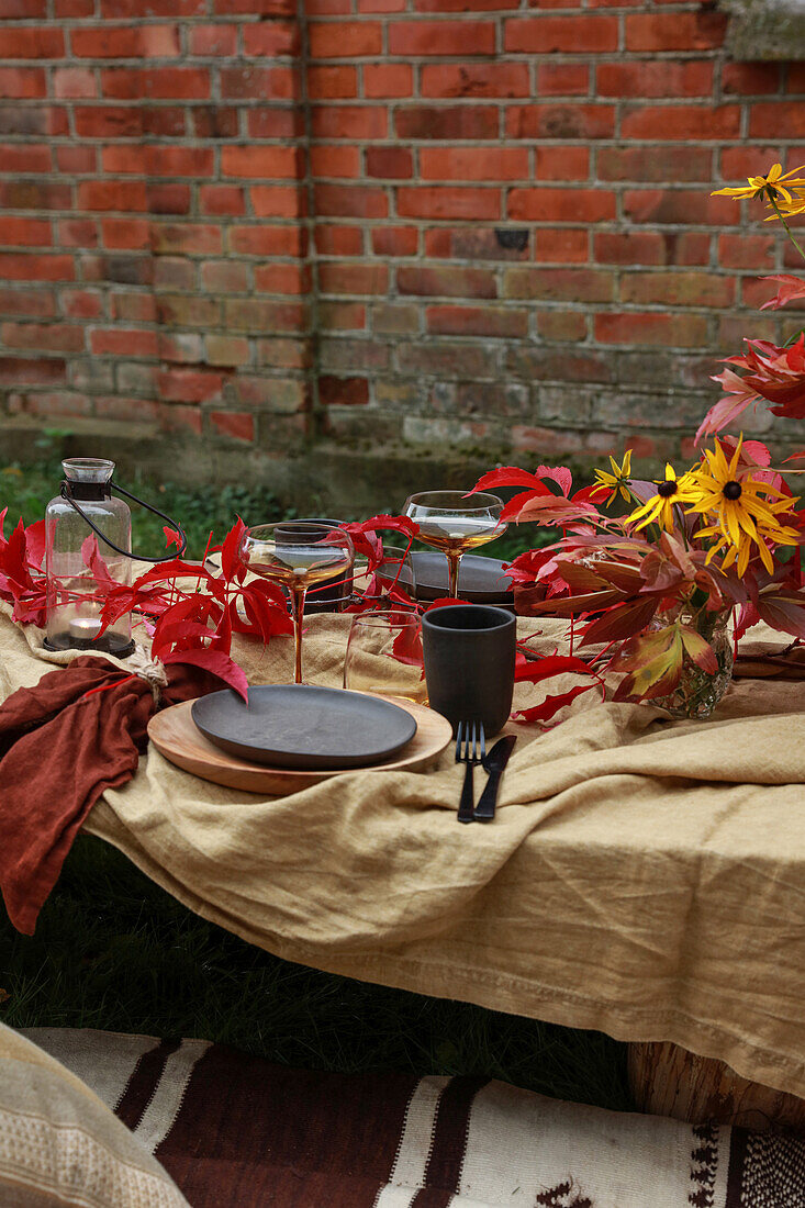 Niedriger Picknicktisch mit Herbstdekoration im Garten