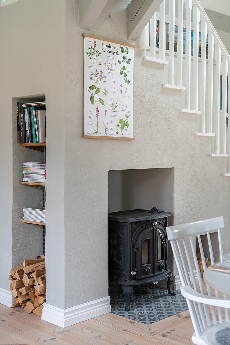 Bright living room with wood-burning stove and wood storage under the stairs