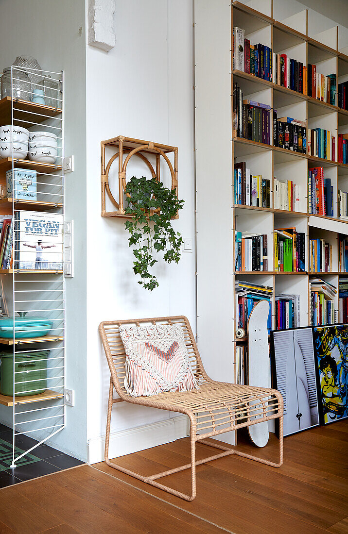 Reading area next to wall of books