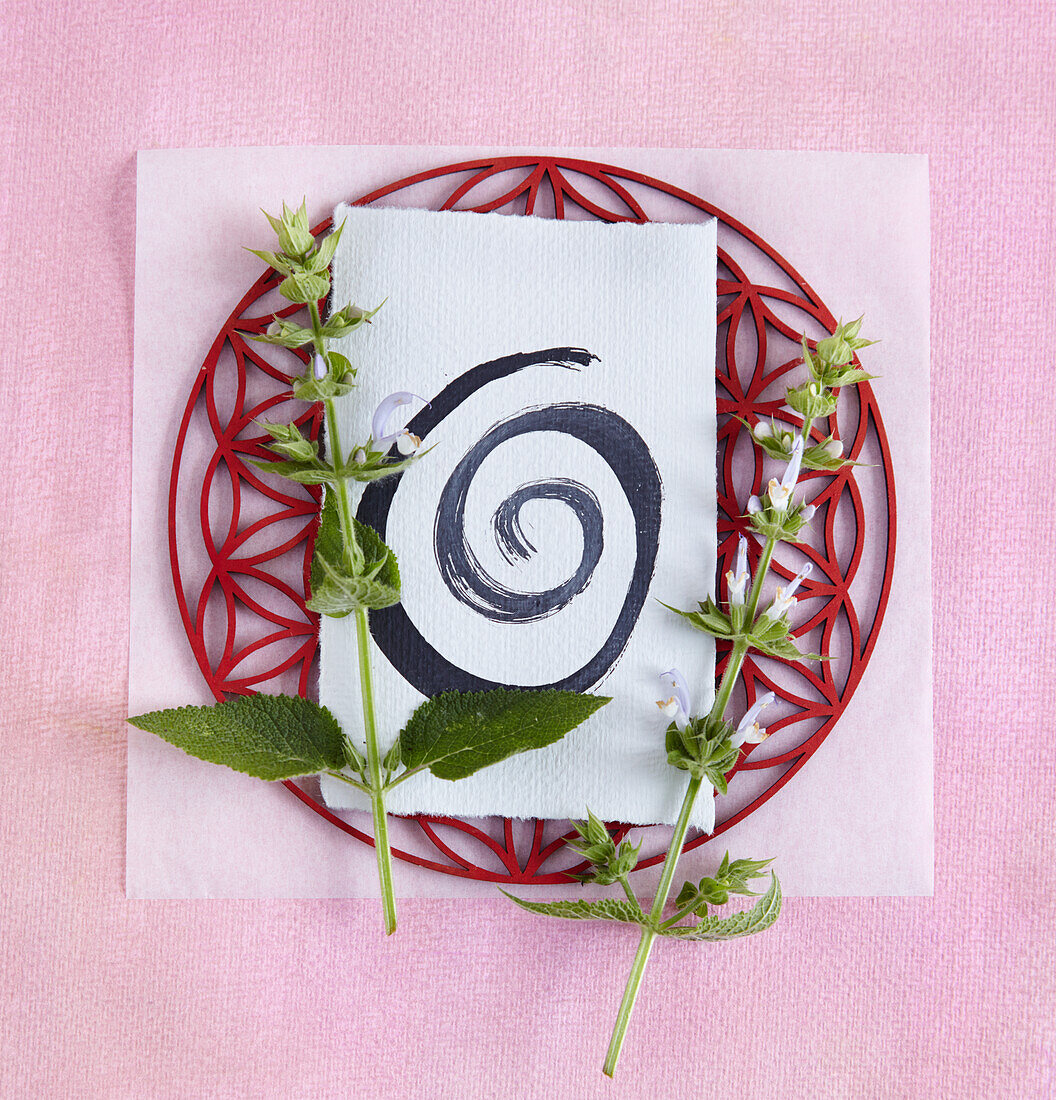 A red wooden mandala, a sheet of white paper painted with a spiral and stems of clary sage (concentration)